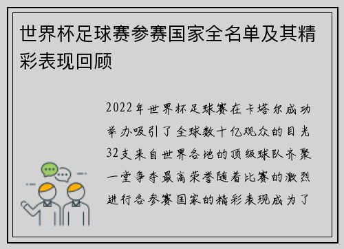 世界杯足球赛参赛国家全名单及其精彩表现回顾